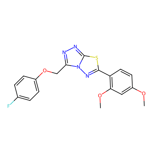 6-(2,4-dimethoxyphenyl)-3-[(4-fluorophenoxy)methyl]-[1,2,4]triazolo[3,4-b][1,3,4]thiadiazole structure