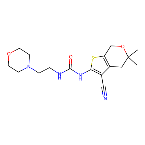1-(3-cyano-5,5-dimethyl-4,7-dihydro-5H-thieno[2,3-c]pyran-2-yl)-3-[2-(morpholin-4-yl)ethyl]urea structure