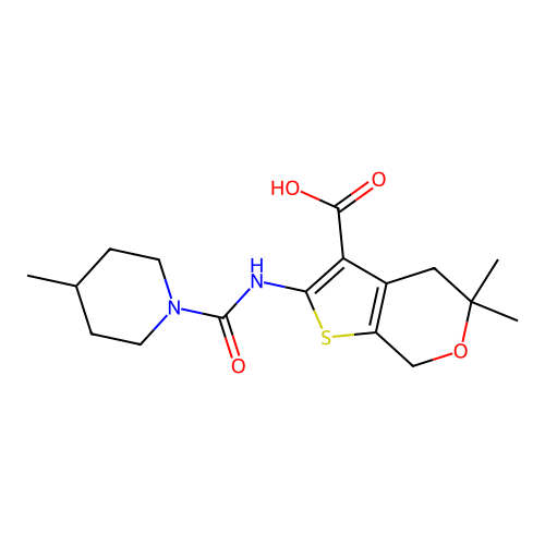 5,5-dimethyl-2-[(4-methylpiperidine-1-carbonyl)amino]-4,7-dihydrothieno[2,3-c]pyran-3-carboxylic acid structure