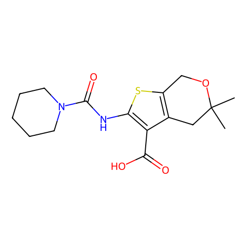 5,5-dimethyl-2-(piperidine-1-carboxamido)-5,7-dihydro-4H-thieno[2,3-c]pyran-3-carboxylic acid structure