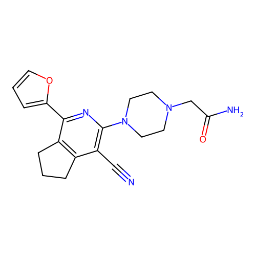 2-(4-(4-cyano-1-(furan-2-yl)-6,7-dihydro-5H-cyclopenta[c]pyridin-3-yl)piperazin-1-yl)acetamide structure