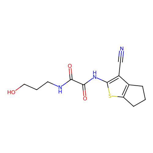 N'-(3-cyano-5,6-dihydro-4H-cyclopenta[b]thiophen-2-yl)-N-(3-hydroxypropyl)oxamide structure