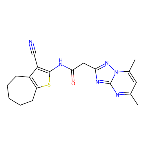 N-(3-cyano-5,6,7,8-tetrahydro-4H-cyclohepta[b]thiophen-2-yl)-2-(5,7-dimethyl-[1,2,4]triazolo[1,5-a]pyrimidin-2-yl)acetamide structure