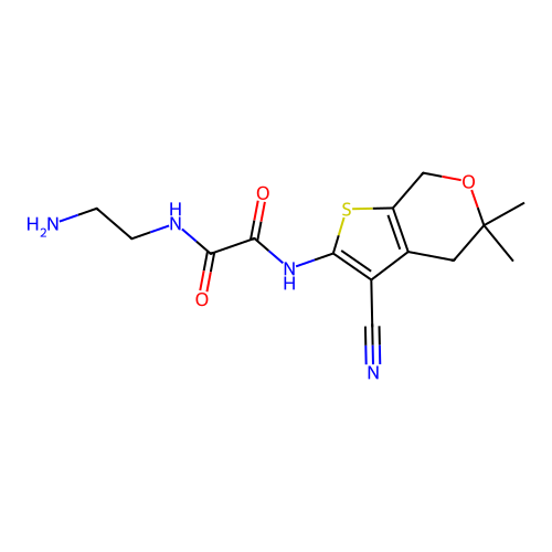 N-(2-aminoethyl)-N'-(3-cyano-5,5-dimethyl-4,7-dihydrothieno[2,3-c]pyran-2-yl)oxamide structure