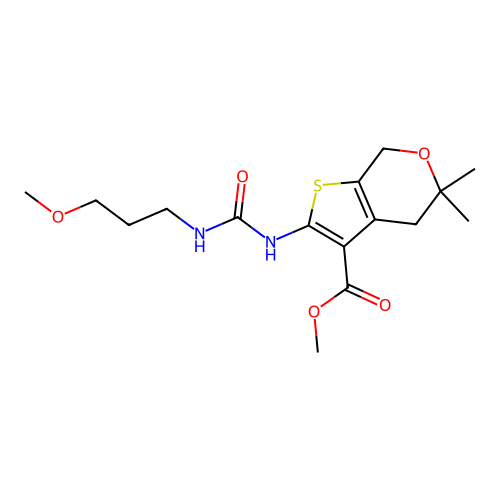 methyl 2-(3-(3-methoxypropyl)ureido)-5,5-dimethyl-5,7-dihydro-4H-thieno[2,3-c]pyran-3-carboxylate structure