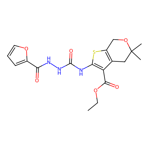 ethyl 2-({[2-(furan-2-ylcarbonyl)hydrazinyl]carbonyl}amino)-5,5-dimethyl-4,7-dihydro-5H-thieno[2,3-c]pyran-3-carboxylate structure