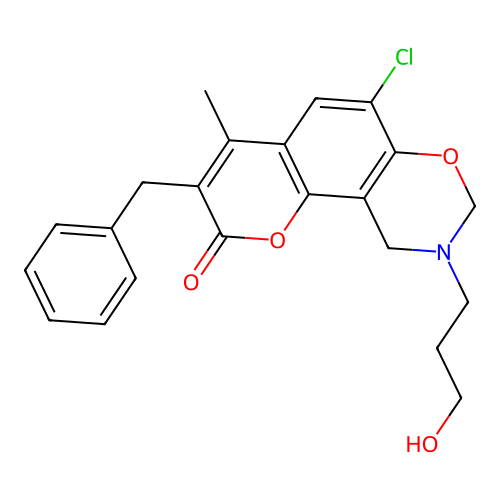 3-benzyl-6-chloro-9-(3-hydroxypropyl)-4-methyl-9,10-dihydrochromeno[8,7-e][1,3]oxazin-2(8H)-one structure