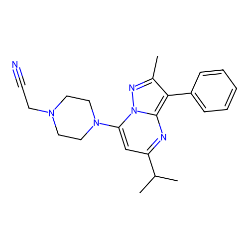 2-[4-(2-methyl-3-phenyl-5-propan-2-ylpyrazolo[1,5-a]pyrimidin-7-yl)piperazin-1-yl]acetonitrile structure