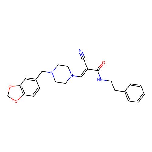 (E)-3-(4-(benzo[d][1,3]dioxol-5-ylmethyl)piperazin-1-yl)-2-cyano-N-phenethylacrylamide structure