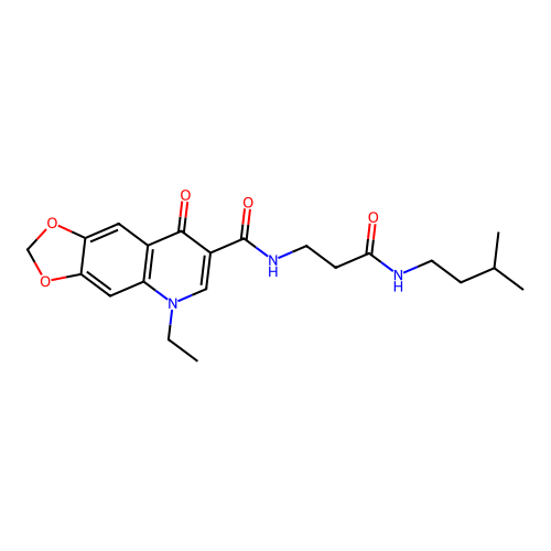 5-ethyl-N-(3-(isopentylamino)-3-oxopropyl)-8-oxo-5,8-dihydro-[1,3]dioxolo[4,5-g]quinoline-7-carboxamide structure