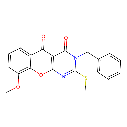 3-benzyl-9-methoxy-2-(methylthio)-3H-chromeno[2,3-d]pyrimidine-4,5-dione structure