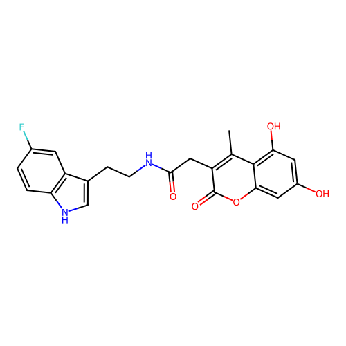 2-(5,7-dihydroxy-4-methyl-2-oxo-2H-chromen-3-yl)-N-(2-(5-fluoro-1H-indol-3-yl)ethyl)acetamide structure