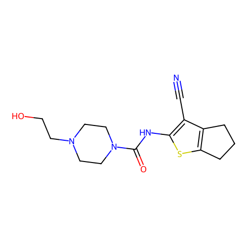 N-(3-cyano-5,6-dihydro-4H-cyclopenta[b]thiophen-2-yl)-4-(2-hydroxyethyl)piperazine-1-carboxamide structure