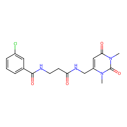 3-chloro-N-(3-(((1,3-dimethyl-2,6-dioxo-1,2,3,6-tetrahydropyrimidin-4-yl)methyl)amino)-3-oxopropyl)benzamide structure