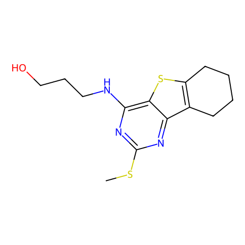 3-((2-(methylthio)-6,7,8,9-tetrahydrobenzo[4,5]thieno[3,2-d]pyrimidin-4-yl)amino)propan-1-ol structure