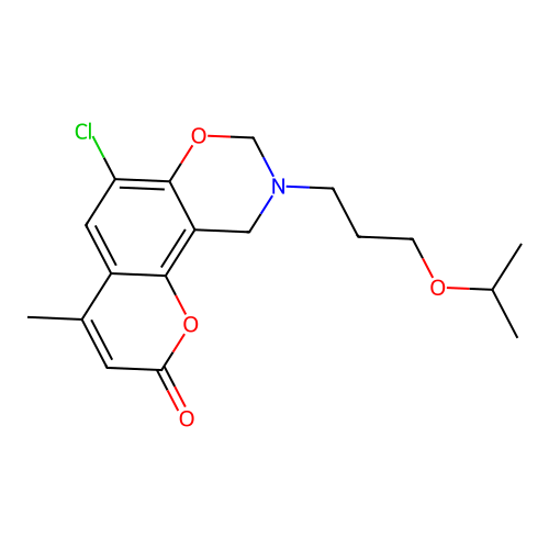 6-chloro-9-(3-isopropoxypropyl)-4-methyl-9,10-dihydrochromeno[8,7-e][1,3]oxazin-2(8H)-one structure