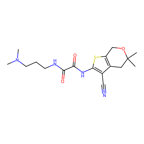 N'-(3-cyano-5,5-dimethyl-4,7-dihydrothieno[2,3-c]pyran-2-yl)-N-[3-(dimethylamino)propyl]oxamide structure