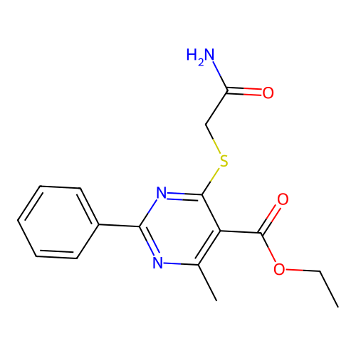 Ethyl 4-[(2-amino-2-oxoethyl)sulfanyl]-6-methyl-2-phenylpyrimidine-5-carboxylate structure