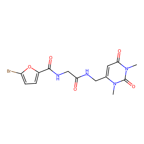 5-bromo-N-(2-(((1,3-dimethyl-2,6-dioxo-1,2,3,6-tetrahydropyrimidin-4-yl)methyl)amino)-2-oxoethyl)furan-2-carboxamide structure