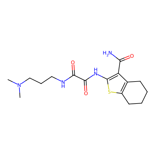 N-(3-carbamoyl-4,5,6,7-tetrahydrobenzothiophen-2-yl)-N'-(3-dimethylaminopropyl)oxamide structure