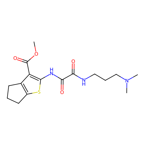 methyl 2-(2-((3-(dimethylamino)propyl)amino)-2-oxoacetamido)-5,6-dihydro-4H-cyclopenta[b]thiophene-3-carboxylate structure