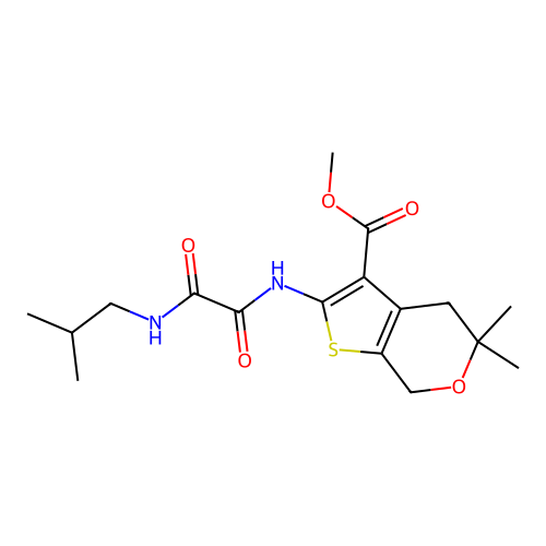 methyl 2-(2-(isobutylamino)-2-oxoacetamido)-5,5-dimethyl-5,7-dihydro-4H-thieno[2,3-c]pyran-3-carboxylate structure