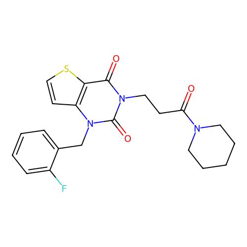 1-(2-fluorobenzyl)-3-(3-oxo-3-(piperidin-1-yl)propyl)thieno[3,2-d]pyrimidine-2,4(1H,3H)-dione structure