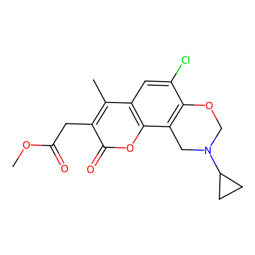 methyl 2-(6-chloro-9-cyclopropyl-4-methyl-2-oxo-2,8,9,10-tetrahydrochromeno[8,7-e][1,3]oxazin-3-yl)acetate structure