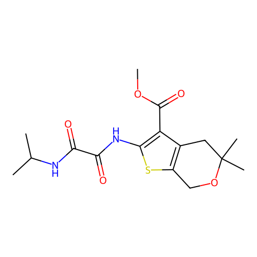 methyl 2-(2-(isopropylamino)-2-oxoacetamido)-5,5-dimethyl-5,7-dihydro-4H-thieno[2,3-c]pyran-3-carboxylate structure