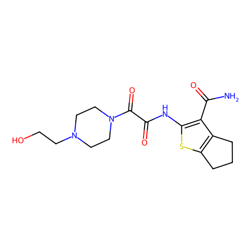 2-[[2-[4-(2-hydroxyethyl)piperazin-1-yl]-2-oxoacetyl]amino]-5,6-dihydro-4H-cyclopenta[b]thiophene-3-carboxamide structure