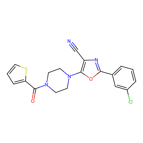 2-(3-chlorophenyl)-5-(4-(thiophene-2-carbonyl)piperazin-1-yl)oxazole-4-carbonitrile structure