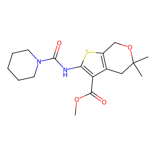 methyl 5,5-dimethyl-2-(piperidine-1-carbonylamino)-4,7-dihydrothieno[2,3-c]pyran-3-carboxylate structure