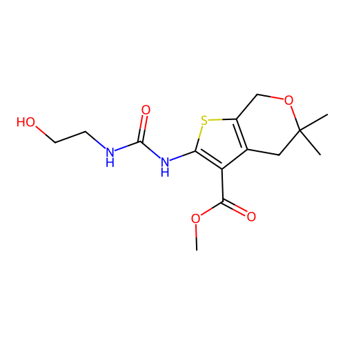 methyl 2-(2-hydroxyethylcarbamoylamino)-5,5-dimethyl-4,7-dihydrothieno[2,3-c]pyran-3-carboxylate structure