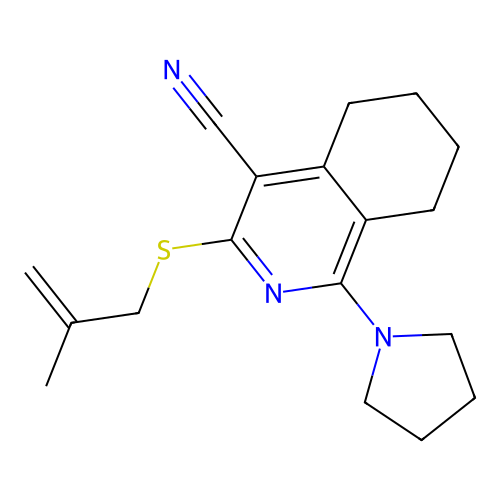 3-(2-methylprop-2-enylsulfanyl)-1-pyrrolidin-1-yl-5,6,7,8-tetrahydroisoquinoline-4-carbonitrile structure