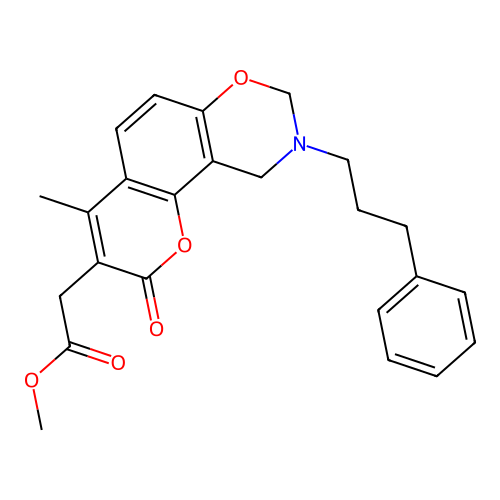 methyl 2-(4-methyl-2-oxo-9-(3-phenylpropyl)-2,8,9,10-tetrahydrochromeno[8,7-e][1,3]oxazin-3-yl)acetate structure