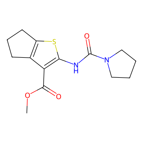 methyl 2-(pyrrolidine-1-carbonylamino)-5,6-dihydro-4H-cyclopenta[b]thiophene-3-carboxylate structure
