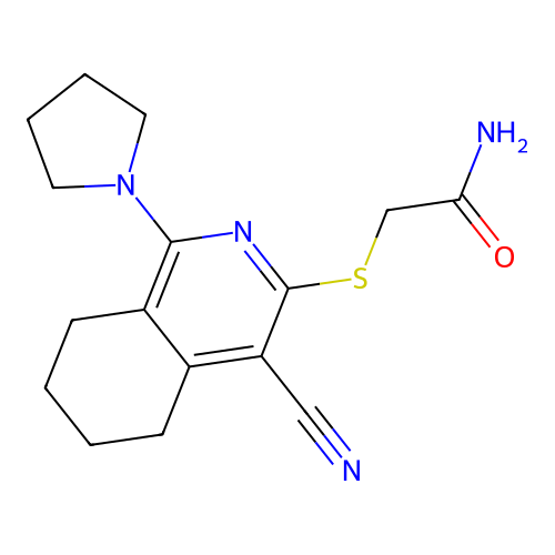 2-[(4-cyano-1-pyrrolidin-1-yl-5,6,7,8-tetrahydroisoquinolin-3-yl)sulfanyl]acetamide structure