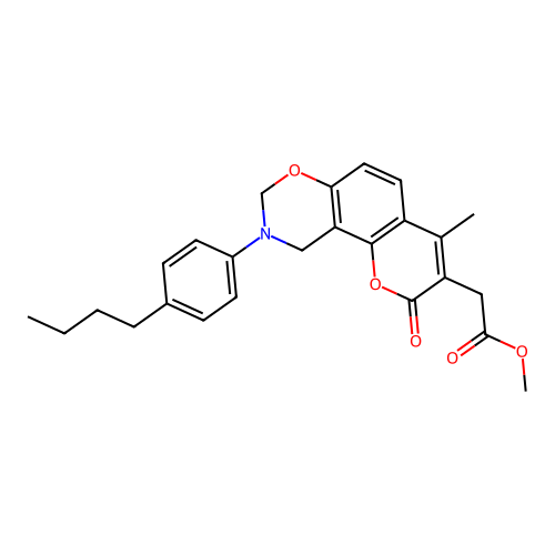 methyl 2-(9-(4-butylphenyl)-4-methyl-2-oxo-2,8,9,10-tetrahydrochromeno[8,7-e][1,3]oxazin-3-yl)acetate structure