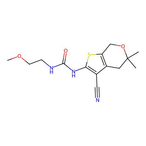 1-(3-cyano-5,5-dimethyl-4,7-dihydro-5H-thieno[2,3-c]pyran-2-yl)-3-(2-methoxyethyl)urea structure