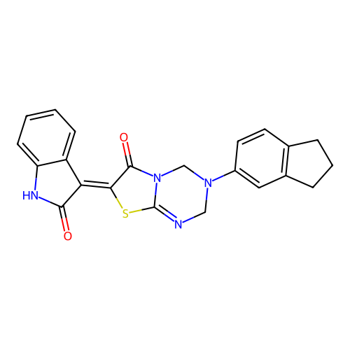 (Z)-3-(2,3-dihydro-1H-inden-5-yl)-7-(2-oxoindolin-3-ylidene)-3,4-dihydro-2H-thiazolo[3,2-a][1,3,5]triazin-6(7H)-one structure