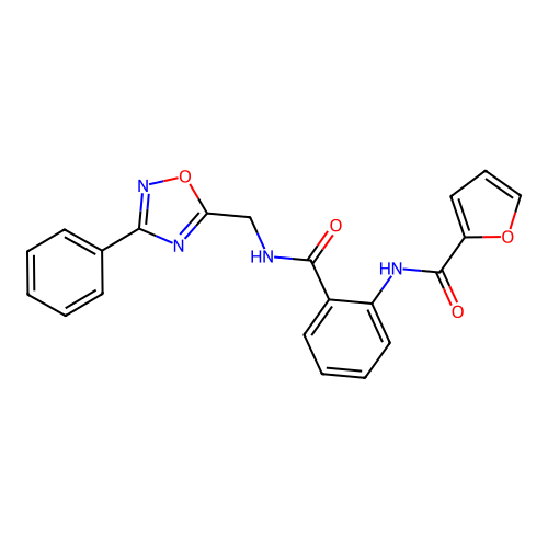 N-(2-(((3-phenyl-1,2,4-oxadiazol-5-yl)methyl)carbamoyl)phenyl)furan-2-carboxamide structure