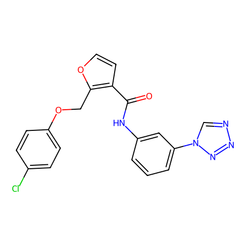 2-[(4-chlorophenoxy)methyl]-N-[3-(1H-tetrazol-1-yl)phenyl]furan-3-carboxamide structure