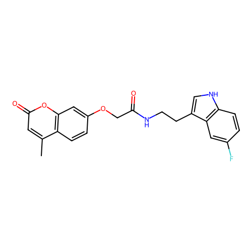 N-[2-(5-fluoro-1H-indol-3-yl)ethyl]-2-(4-methyl-2-oxochromen-7-yl)oxyacetamide structure