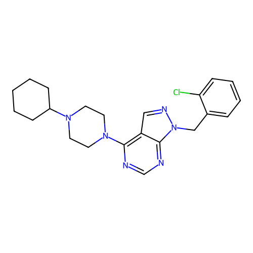 1-(2-chlorobenzyl)-4-(4-cyclohexylpiperazin-1-yl)-1H-pyrazolo[3,4-d]pyrimidine structure
