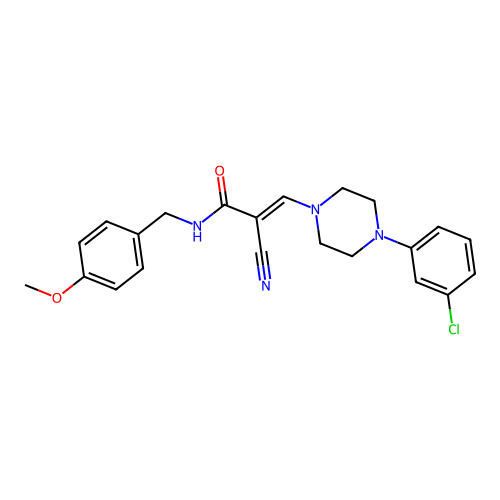 (E)-3-(4-(3-chlorophenyl)piperazin-1-yl)-2-cyano-N-(4-methoxybenzyl)acrylamide structure
