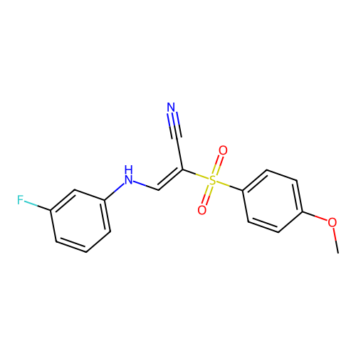 (2E)-3-[(3-fluorophenyl)amino]-2-[(4-methoxyphenyl)sulfonyl]prop-2-enenitrile structure