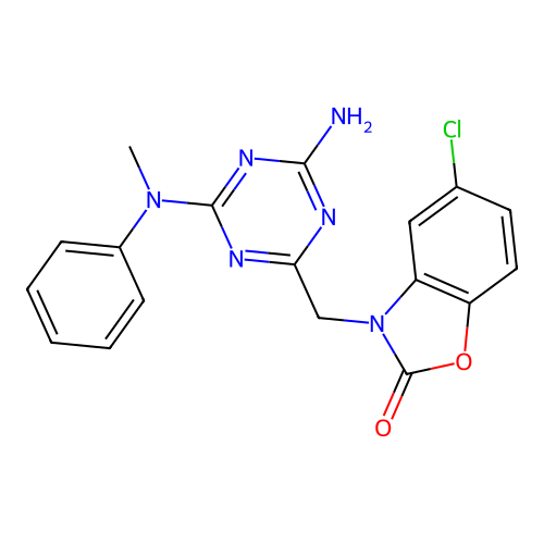 3-({4-amino-6-[methyl(phenyl)amino]-1,3,5-triazin-2-yl}methyl)-5-chloro-1,3-benzoxazol-2(3H)-one structure