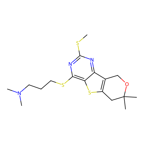 3-{[7,7-dimethyl-2-(methylsulfanyl)-6,9-dihydro-7H-pyrano[3',4':4,5]thieno[3,2-d]pyrimidin-4-yl]sulfanyl}-N,N-dimethylpropan-1-amine structure