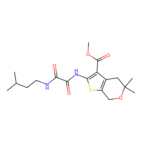 methyl 2-(2-(isopentylamino)-2-oxoacetamido)-5,5-dimethyl-5,7-dihydro-4H-thieno[2,3-c]pyran-3-carboxylate structure