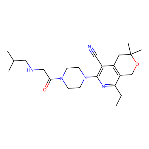 8-ethyl-3,3-dimethyl-6-[4-[2-(2-methylpropylamino)acetyl]piperazin-1-yl]-1,4-dihydropyrano[3,4-c]pyridine-5-carbonitrile structure
